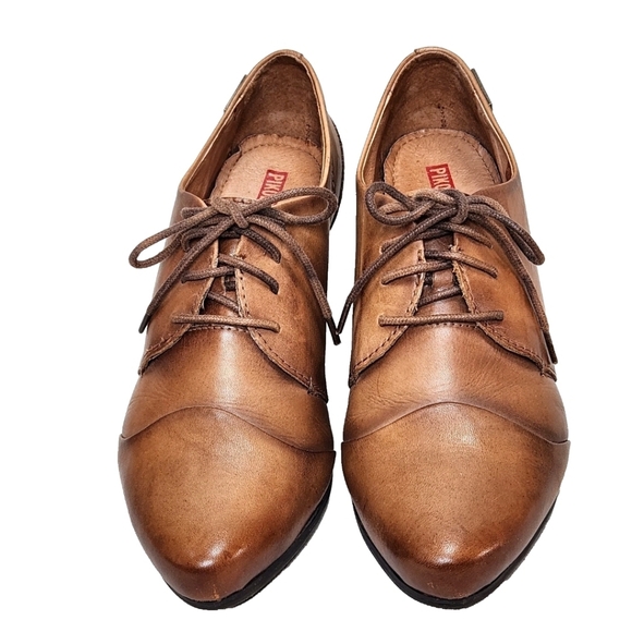 PIKOLINOS Lace-Up Oxford Heels Sz 39/8.5 Soft Tan Leather Pumps Made in Spain - Picture 5 of 15